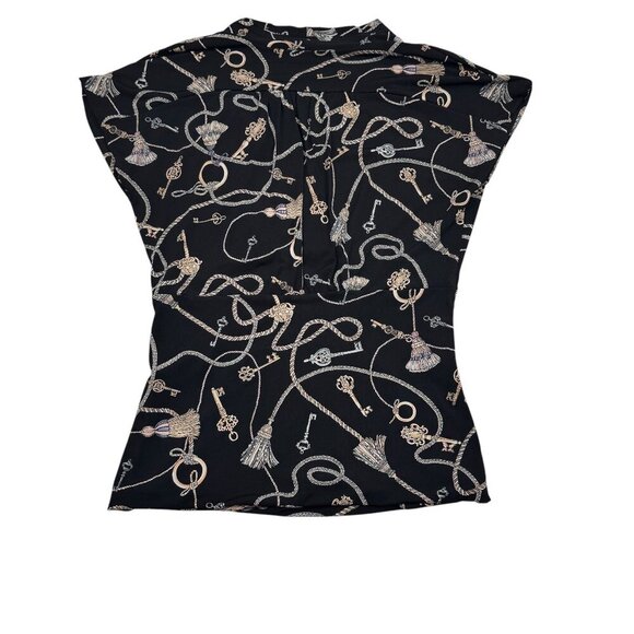 White House Black Market Stretchy Tassels/Keys Print V-Neck Top Women's Size M - Picture 3 of 7